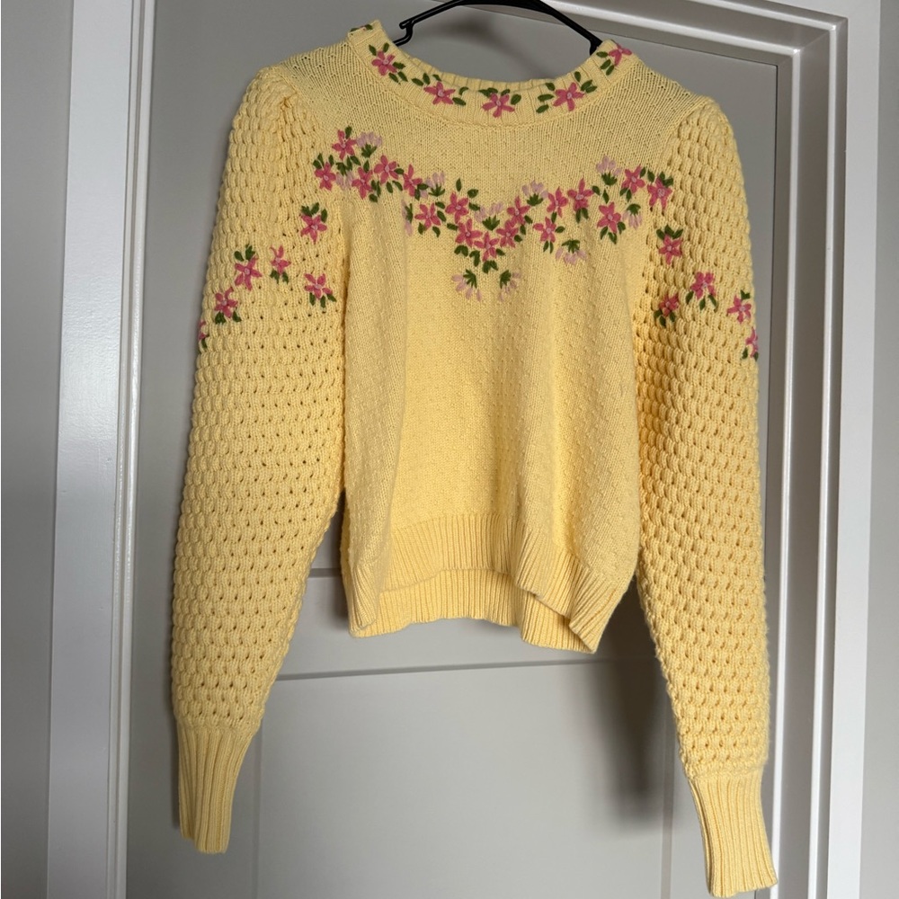 LoveShackFancy Yellow Floral Crew Neck Sweater
